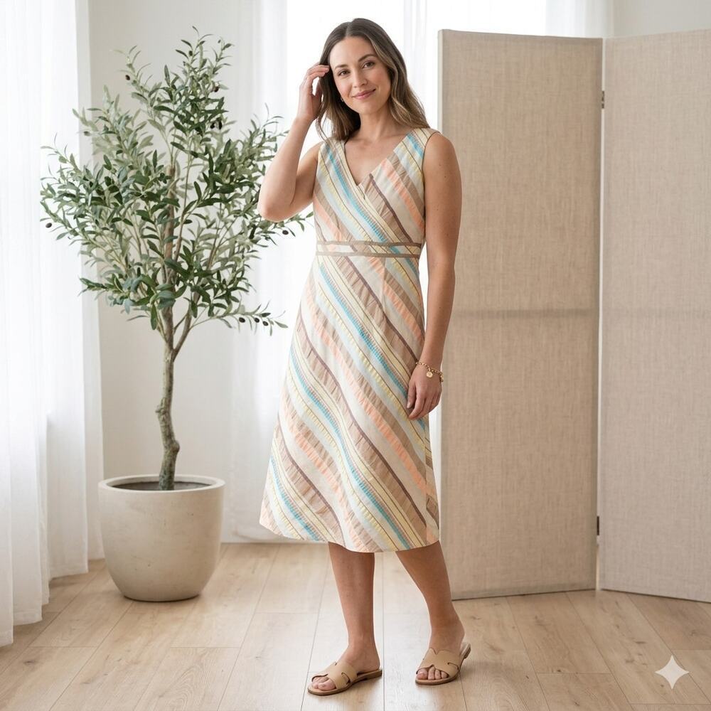 Paraphrase Vintage Y2K Striped Midi Dress Size 10 Cotton Pintuck Pastel Multi